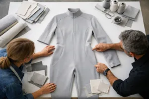 Fashion designers review garment prototypes, focusing on materials and easy-to-disassemble construction for circular fashion and environmental sustainability.