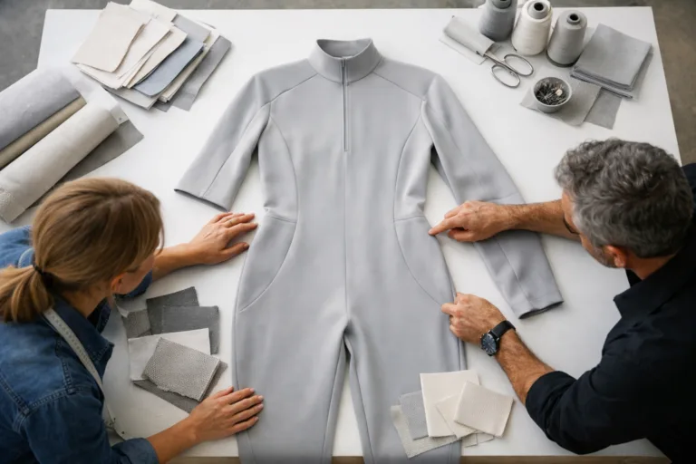 Fashion designers review garment prototypes, focusing on materials and easy-to-disassemble construction for circular fashion and environmental sustainability.