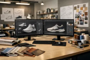 This image displays a modern design studio focused on sustainable design, with digital prototyping tools and material samples ready for innovation and waste reduction.