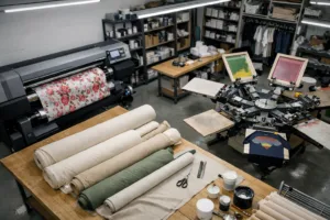 This image visually depicts a professional textile production shop contrasting digital and screen printing equipment, highlighting sustainability, order, and clean manufacturing conditions.