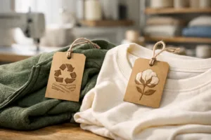 Detailed close-up of sustainable labels affixed to diverse eco-friendly garments, showing clarity, transparency, and industry context.