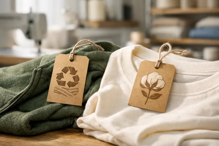 Detailed close-up of sustainable labels affixed to diverse eco-friendly garments, showing clarity, transparency, and industry context.
