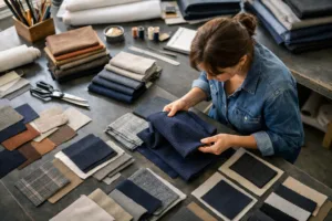 A focused textile designer reviews fabrics for their resilience and quality in a sustainable fashion studio, reflecting the core principles of designing for durability: extending garment lifespan.