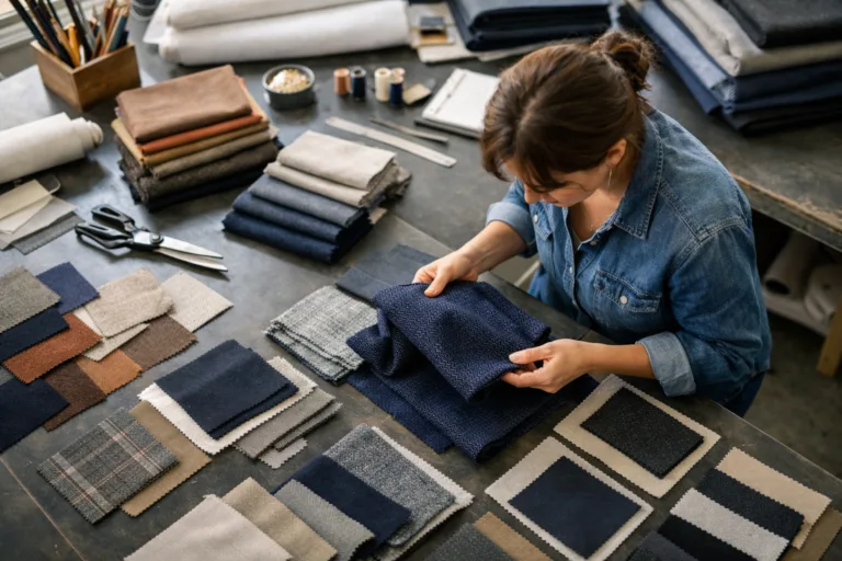 A focused textile designer reviews fabrics for their resilience and quality in a sustainable fashion studio, reflecting the core principles of designing for durability: extending garment lifespan.