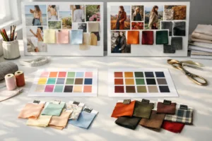 A vibrant studio desk featuring inspiration boards, textile samples, and timeline tools that visually represent the starting point for developing SS and FW collections.