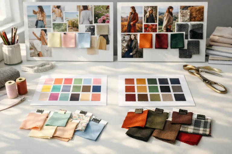 A vibrant studio desk featuring inspiration boards, textile samples, and timeline tools that visually represent the starting point for developing SS and FW collections.