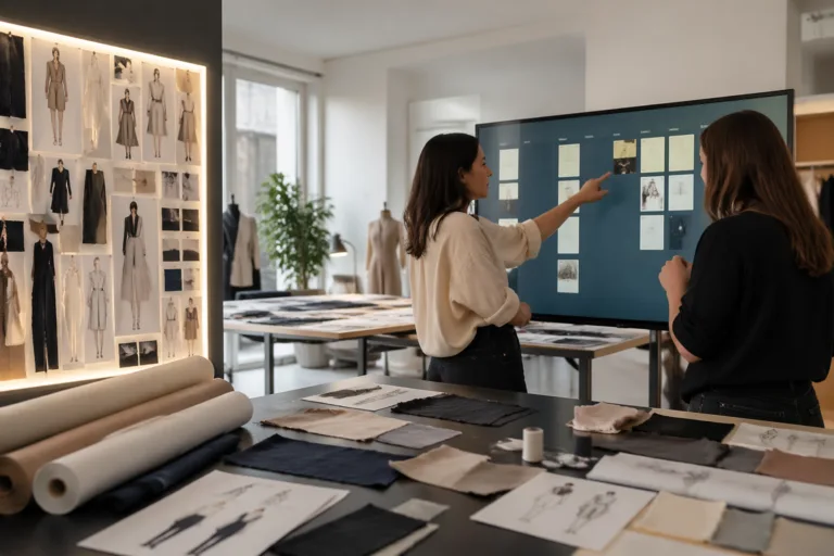 A professional fashion team visually organizing collection tasks using a project management tool in a light-filled studio.
