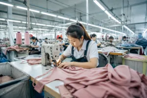 Detailed shot of fast fashion assembly lines highlighting rapid production cycles and factory layout for mass garment creation.