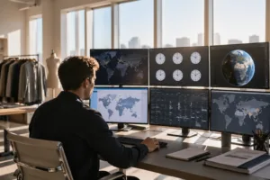 The image shows an office environment dedicated to apparel production scheduling, featuring digital tools and world clock setups for coordinating with overseas time zones.