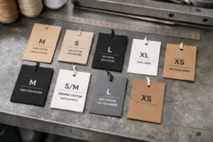 A variety of hang tags display essential product details, branding, and care information, illustrating clear design and manufacturing standards.