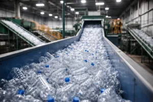 A well-organized recycling center efficiently sorting mono-material PET bottles using automated equipment for enhanced recycling quality.