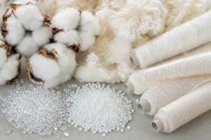 A high-resolution image showing raw samples of natural fibers (cotton bolls, wool) next to synthetic elements (polyester chips, nylon yarns) under bright, neutral lighting. Highlights material differences for natural vs. synthetic fibers.
