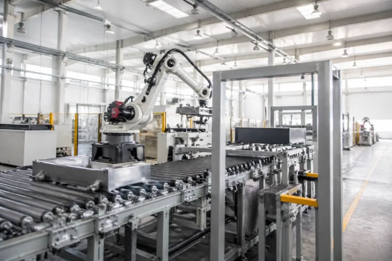 A photo-realistic view of a metal manufacturing facility with efficient production lines, illustrating streamlined planning and workflow.