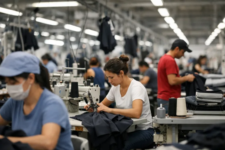 A modern apparel factory floor illustrating the importance of managing production delays effectively with organized workflows and engaged staff