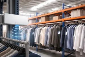 A professional warehouse where RFID tags are facilitating inventory checks for apparel garments, highlighting efficiency in stock management and anti-theft processes.