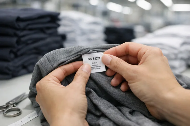 A quality control expert reviews a garment label displaying an RN Number, emphasizing its critical role in transparency and compliance.