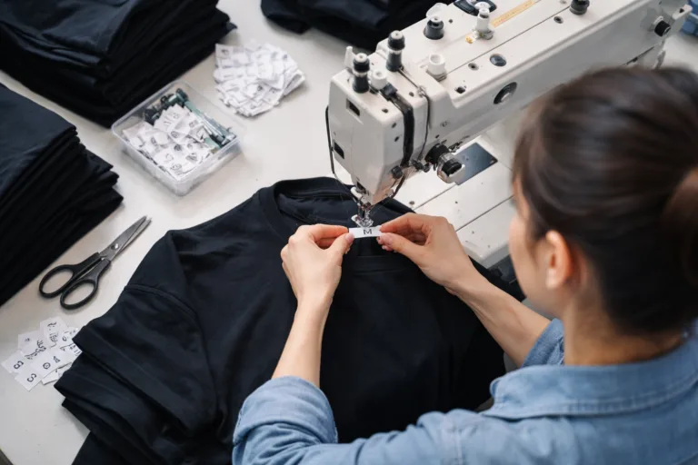 A factory worker carefully attaches size tabs to shirt necklines, emphasizing label visibility and consistency. Overhead lighting highlights clean workspace and attention to detail.
