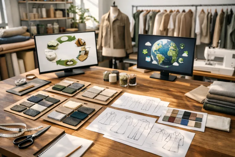 A modern apparel studio where sustainable design and supply chain management influence material selection, with visible eco-friendly swatches and digital workflow tools.