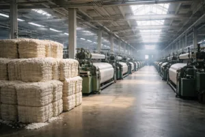A wide-angle view of a modern textile mill with cotton bales and weaving looms. The image represents the fabric sourcing stage in standard lead times for fabric, sampling, and bulk.