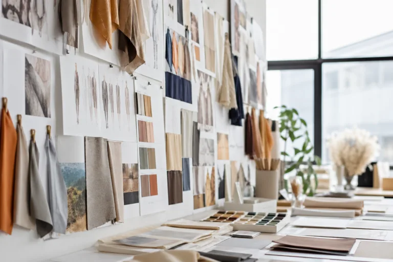 A fashion studio filled with seasonal trend boards, color cards, and fabric swatches. This setup highlights the first key phase in when to start designing for next year's collection.