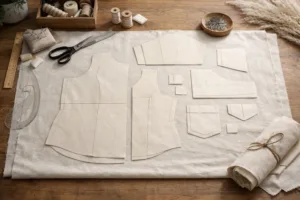 A designer's workspace showing carefully arranged zero waste pattern pieces on natural cotton, ready for innovative, sustainable garment production.