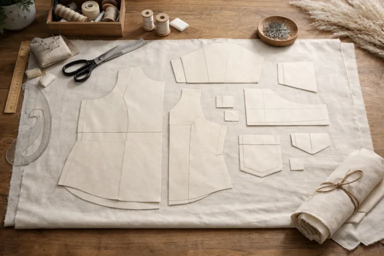 A designer's workspace showing carefully arranged zero waste pattern pieces on natural cotton, ready for innovative, sustainable garment production.