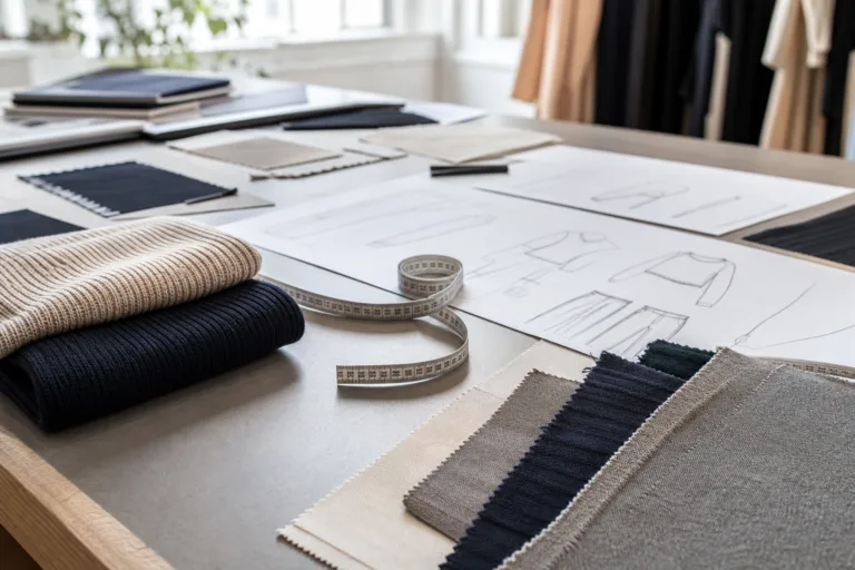 An educational visual showing the planning stage of garment development with materials, sketches, and measuring tools.