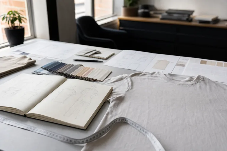 A realistic workspace showing early-stage apparel planning, fabric selection, and product development materials.