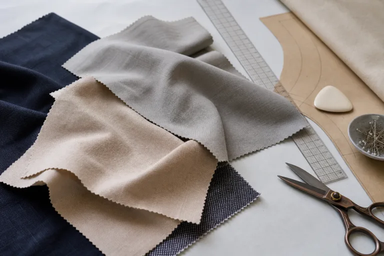 A clean textile planning scene showing fabric swatches arranged to illustrate bias direction and drape behavior.