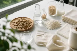 A professional-industrial visual of wood pulp, lab equipment, and fiber swatches outlining the connection between forestry sources and sustainable textile production.
