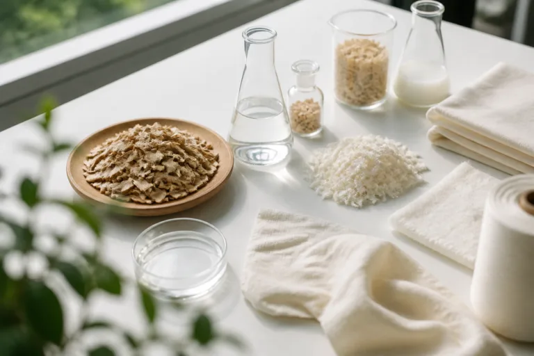 A professional-industrial visual of wood pulp, lab equipment, and fiber swatches outlining the connection between forestry sources and sustainable textile production.