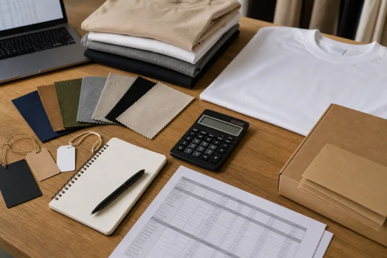 A practical startup planning scene with apparel samples, costing tools, and product components for evaluating launch expenses.