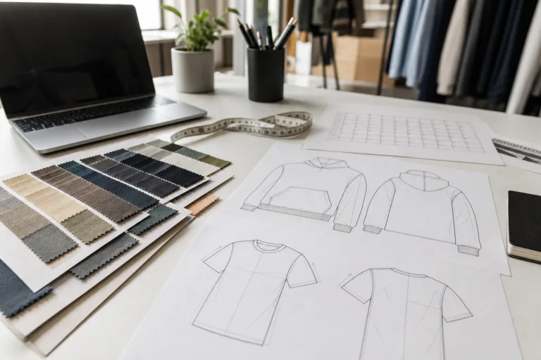 An educational apparel sourcing scene focused on early-stage product planning, including sketches, fabrics, measurements, and sourcing notes.
