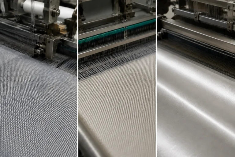 A professional textile mill scene showing different weaves being produced, highlighting fabric construction visually for basic weaves.