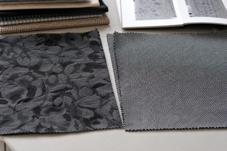 Side-by-side woven swatches highlighting texture, pattern scale, and surface interest for fabric education.