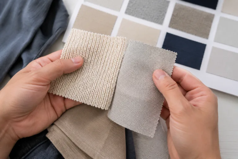 A textile studio scene showing clear differences between knit and woven swatches for education on fabric identification.
