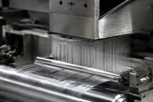 Macro photographic view of microfiber spinning equipment in a technical textile factory, highlighting fine fiber formation under bright lighting.