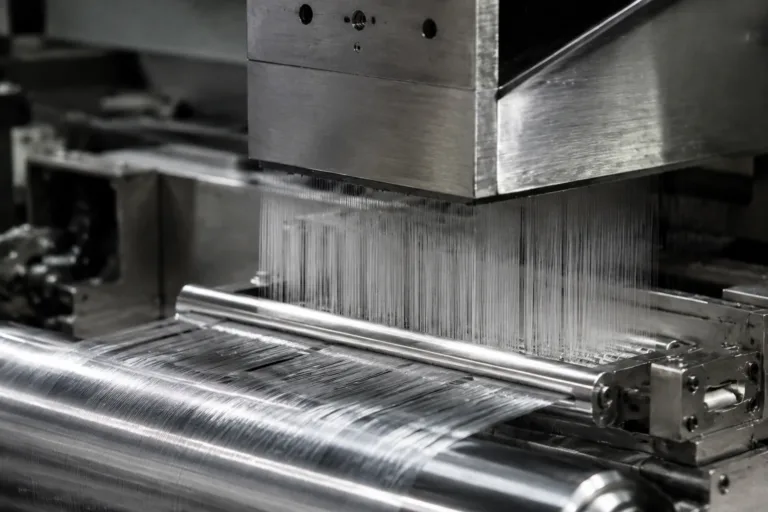 Macro photographic view of microfiber spinning equipment in a technical textile factory, highlighting fine fiber formation under bright lighting.