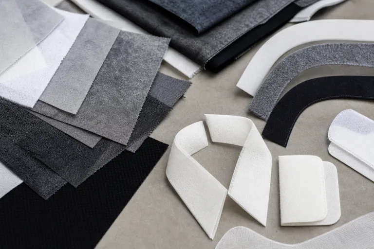A clean studio flat lay showing different non-woven support materials used in apparel development.