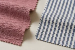 Side-by-side textile comparison illustrating the visual difference between piece-dyed solids and yarn-dyed patterns.