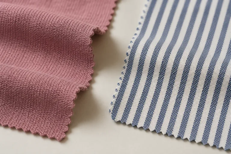 Side-by-side textile comparison illustrating the visual difference between piece-dyed solids and yarn-dyed patterns.