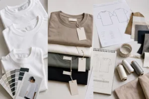 An educational visual comparing POD, private label, and custom manufacturing through garments, labels, and product development materials.