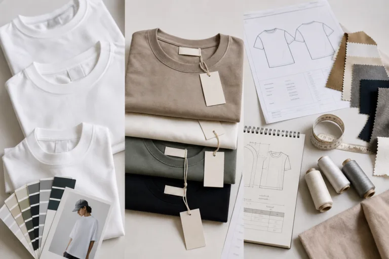 An educational visual comparing POD, private label, and custom manufacturing through garments, labels, and product development materials.