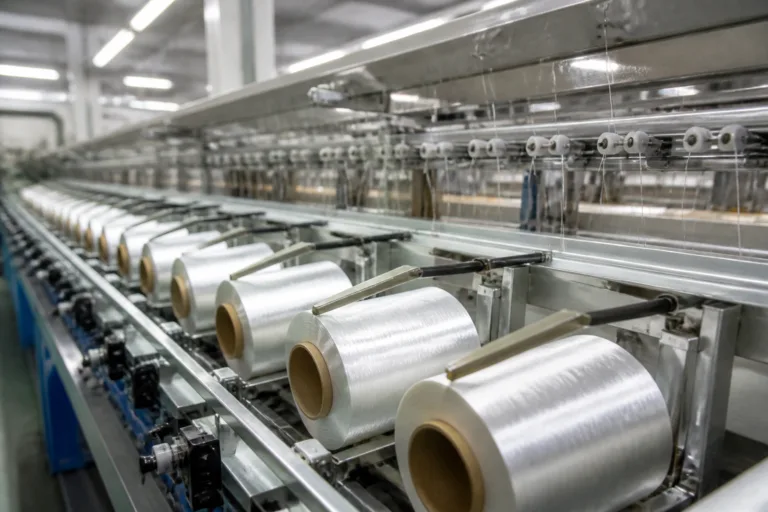 This image illustrates the large-scale manufacturing process of recycled polyester (rPET) fibers, highlighting clean industrial equipment and high-quality rPET yarn production essential for apparel and home textiles.