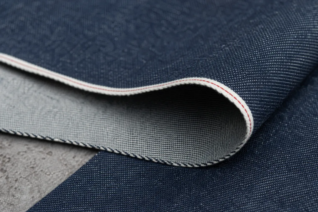 A detailed textile close-up that highlights the finished selvage edge and denim weave structure.