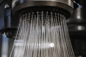 Detailed macro photograph showing Spandex filaments being manufactured via extrusion, highlighting the fiber's technical structure and industrial context.