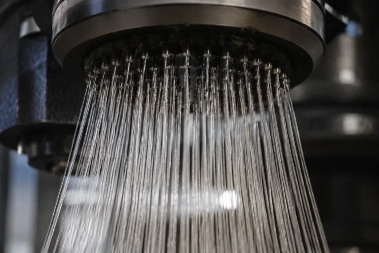 Detailed macro photograph showing Spandex filaments being manufactured via extrusion, highlighting the fiber's technical structure and industrial context.