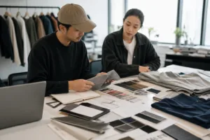 A practical sourcing workspace showing fabrics, samples, and planning documents used to compare manufacturer options for a new apparel brand.