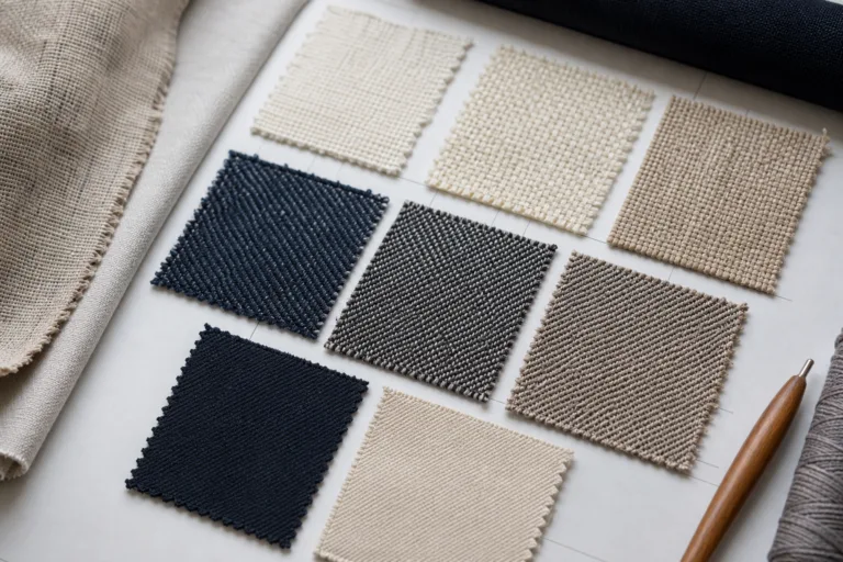 A technical fabric swatch board that visually compares warp and weft direction across several woven structures.