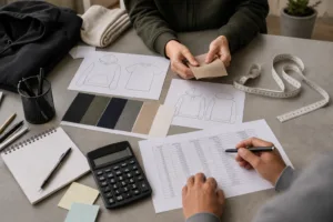 A clean apparel planning desk showing the early budgeting stage for a new clothing brand, including materials, measurements, and cost calculations.